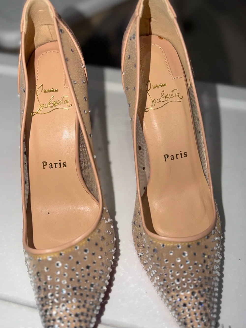 Christian Louboutin Nude/Rose Gold Crystal-Embellished Pointed Pumps - Picture 2 of 7